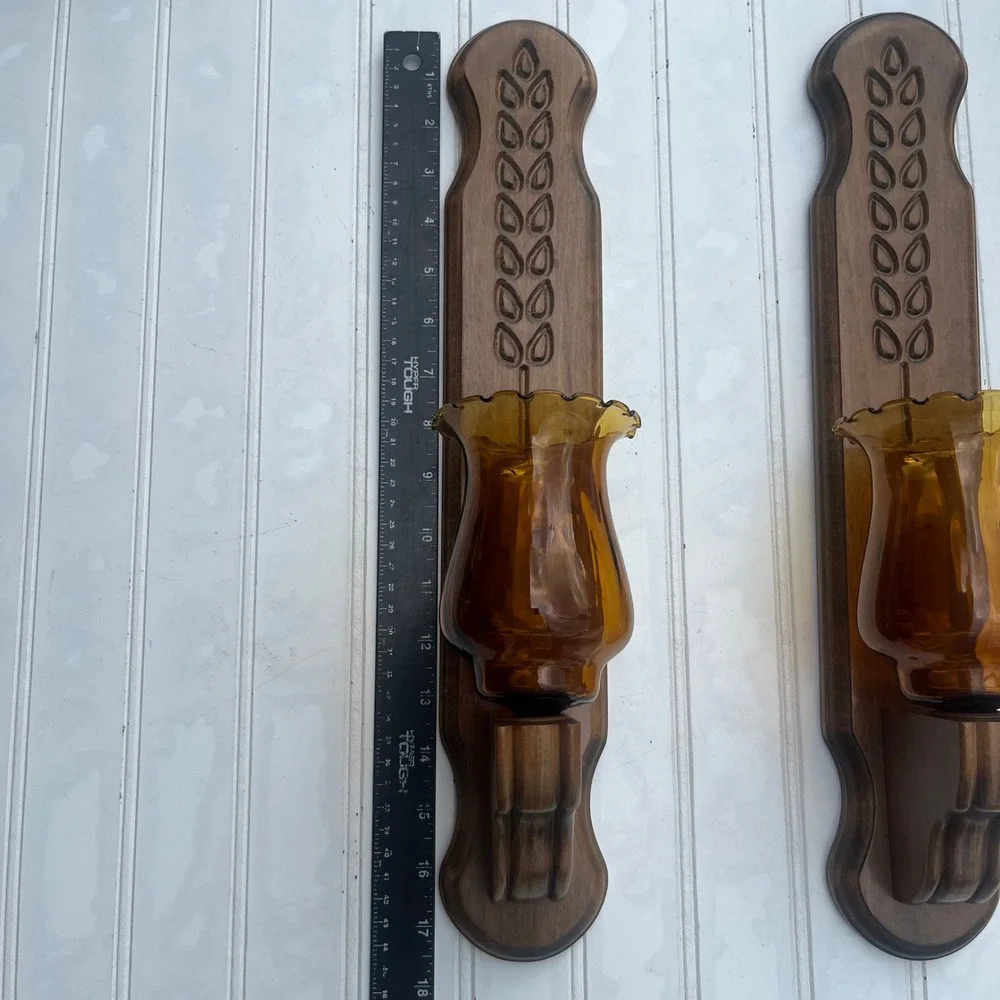 Vintage Wood Wheat Wall Sconces Pair Amber Glass Hurricane Ruffled Shades MCM